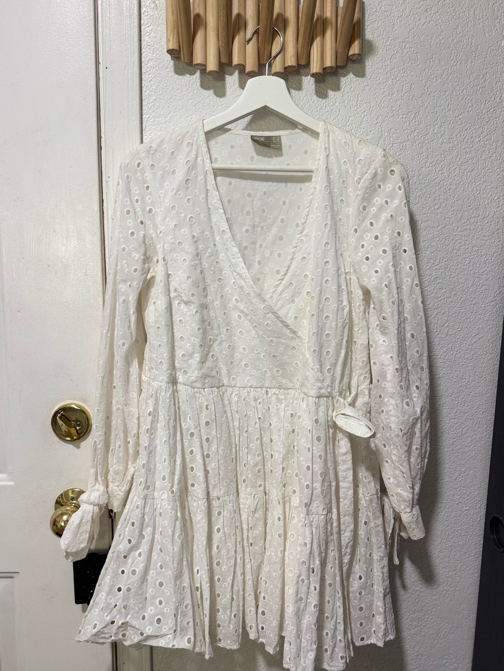 ASOS White Eyelet Mini Wrap Dress with Tie Waist